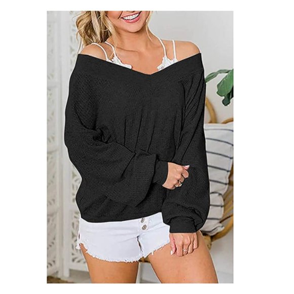 Off Shoulder Long Sleeve Waffle Knit Pullover - Picture 2 of 3